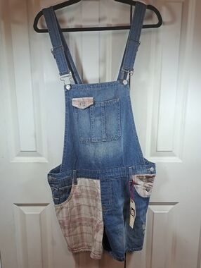 lei Blue Denim Overall Shorts with Pink Plaid Panels